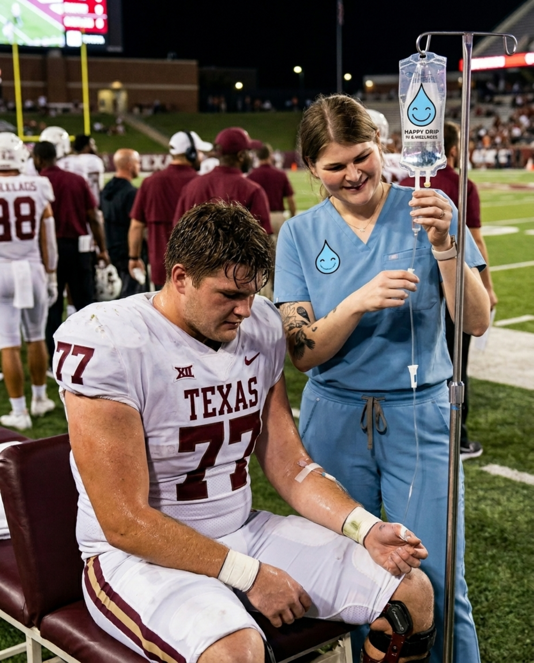 Happy Drip nurse administering IV drip to Texas football player on the sideline