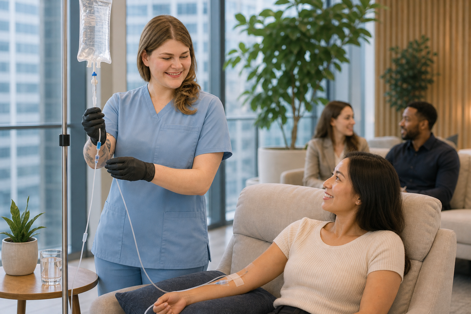 Happy Drip nurse administering IV drip to patient in modern corporate wellness lounge