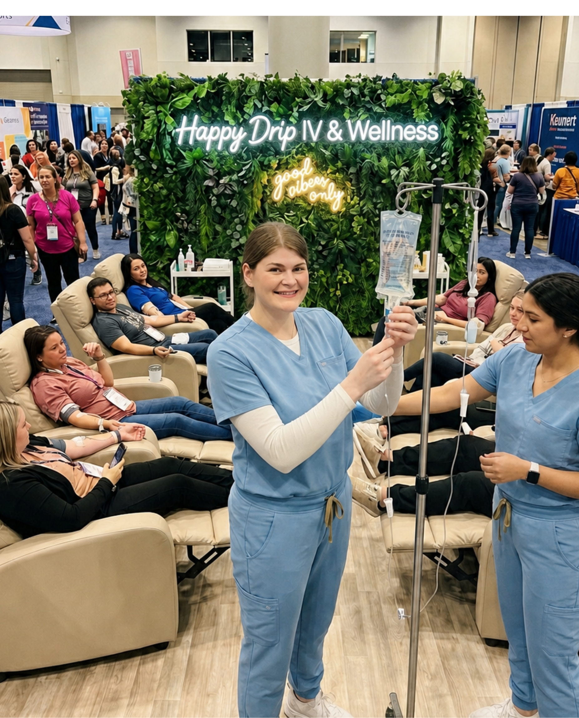 Happy Drip IV & Wellness booth at a large conference with multiple people receiving IV drips